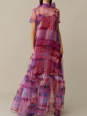Sheer Abstract-Print Maxi Dress in Pink & Purple